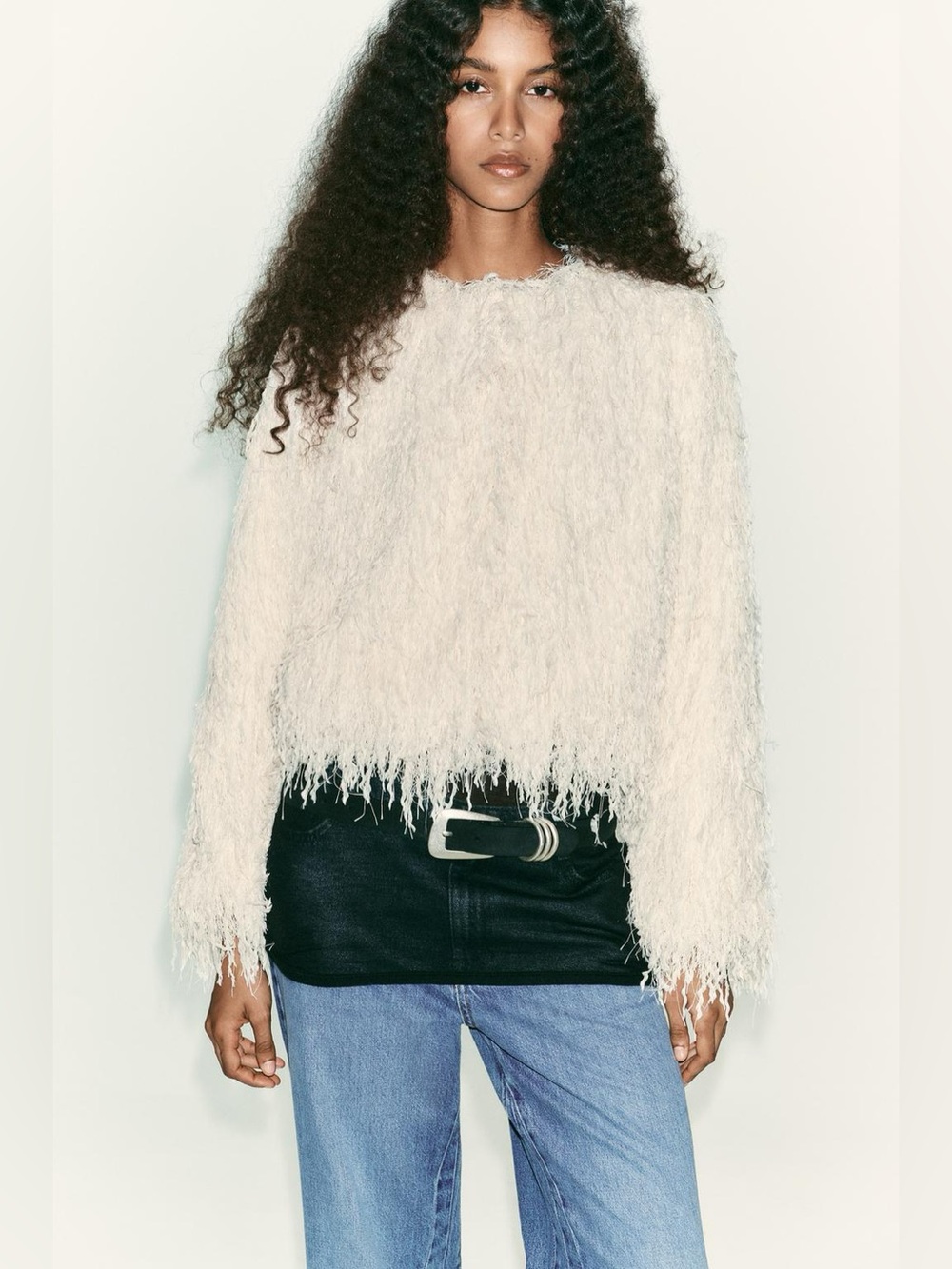 Zara Fringe Jacket Faux Feathers Metallic Thread Round Neckline Long Sleeves Med